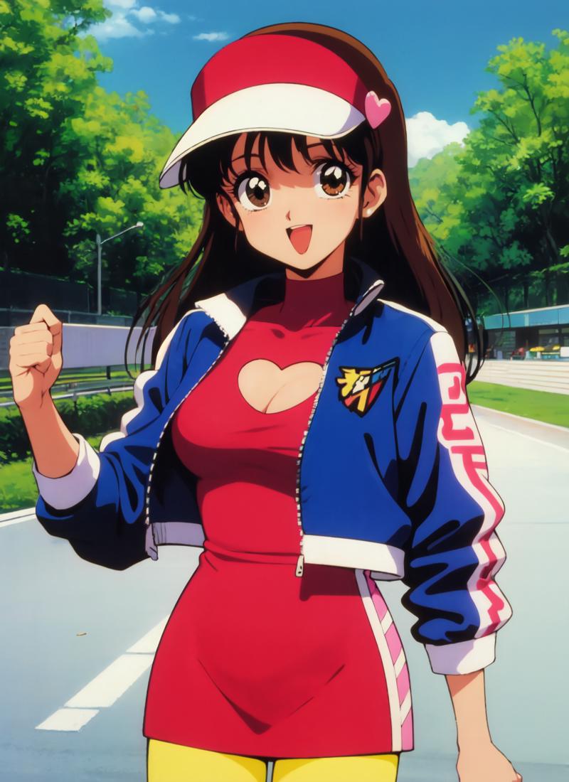 38501-3782645635-asusugodr, 1girl, solo, visor cap, heart, hair ornament, jacket, dress, pantyhose, retro artstyle, open mouth, 1990s (style), lo.png